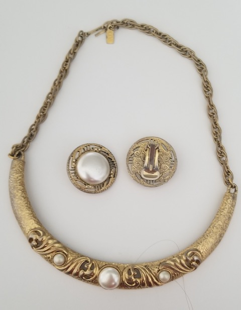 gold:pearl necklace and clipon earrings $25.1928 jewelry Co